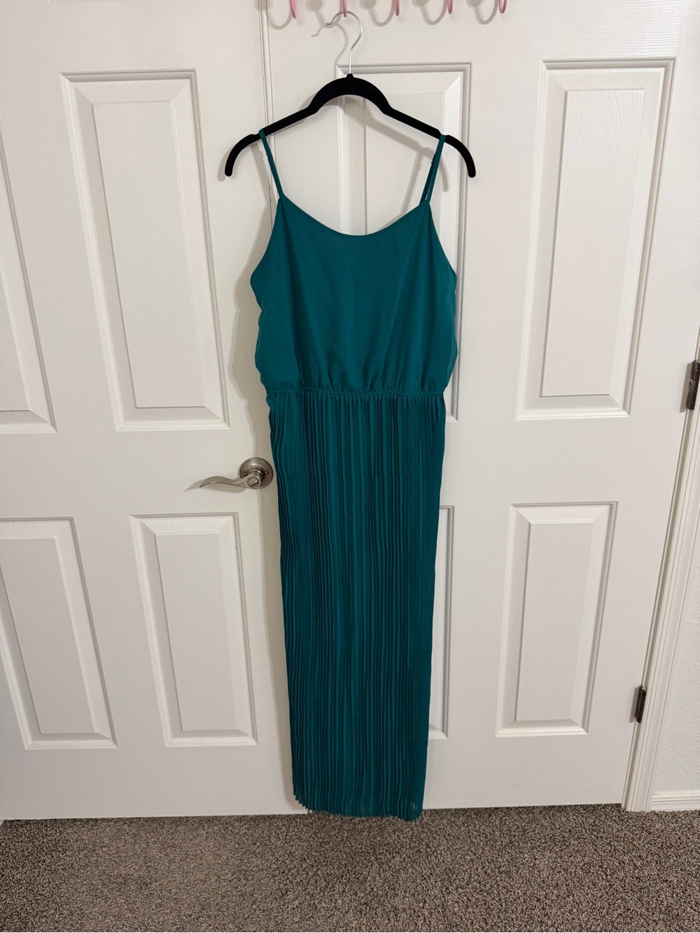 Charming Charlie L Teal Accordion Pleated Maxi Dress Spaghetti Strap Formal